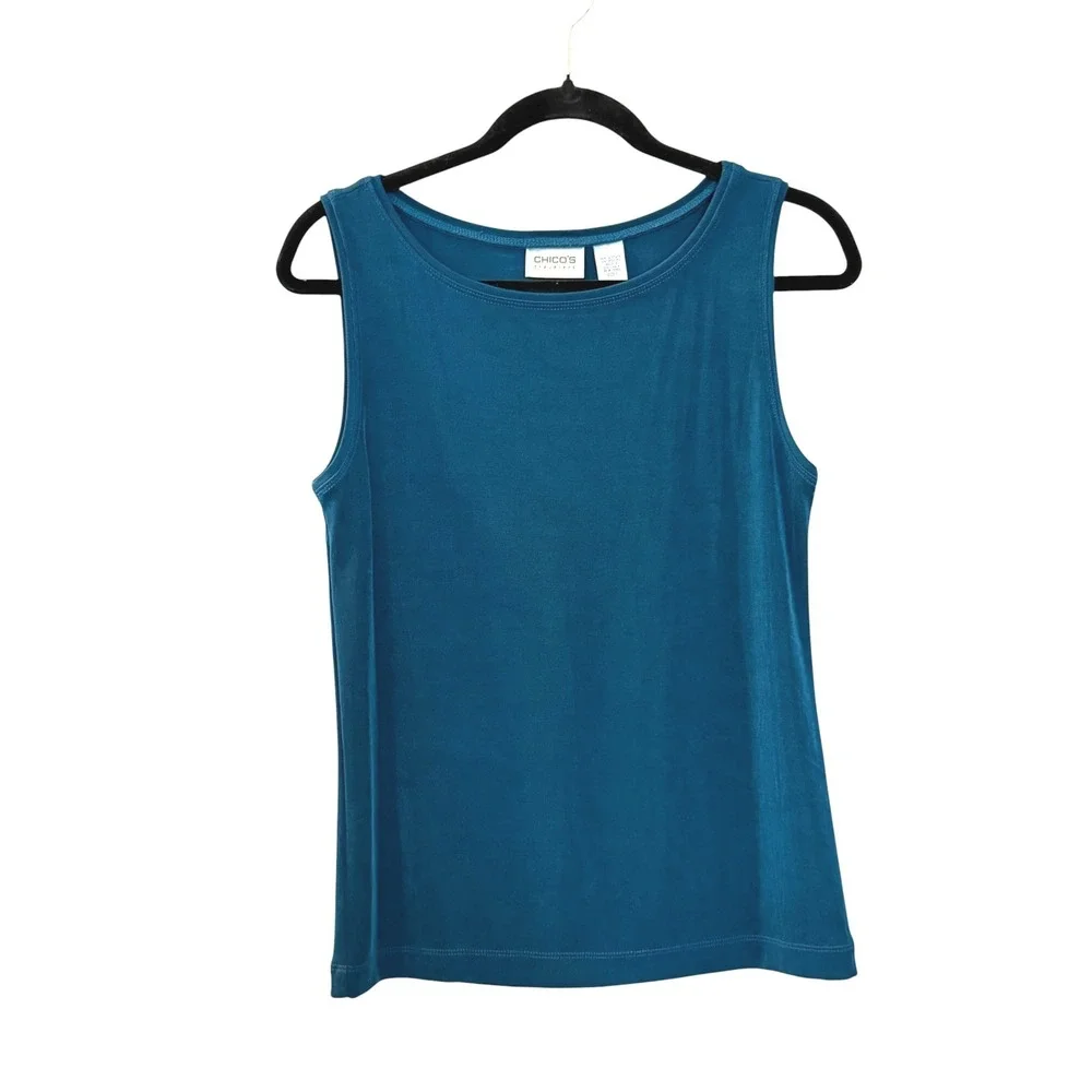 Chicos Travelers 2pc Tank Skirt Set Size 1 Medium Teal Blue Drapey Office Travel